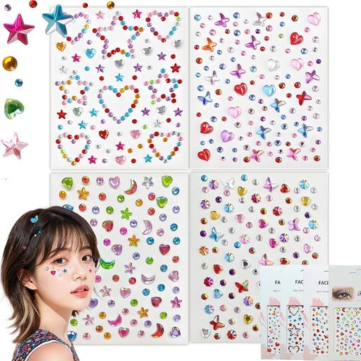TUMETINSS顔シールフェイスシールラインストーンキラキラカラフル子供粘着性ありメイクステッカーパーティー結婚式舞台イベント卒業式4枚入り