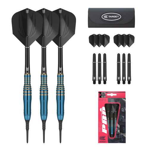 TARGETが日本市場向けとして初開発した本格的なブラスダーツセット バレルのデザインは世界で活躍する各プロ選手のオリジナルモデルをモチーフに構成 重量、長さ、径のバランスを再設計しているので初心者にも最適 付属のケースは日本では未発表のTARGET製『トライ WALLET』で持ち運びも簡単 予備用のフライト 2セット(6個)、シャフト 2セット(6個)、シャフトリング 2セット(6個)も付属されているので消耗品にもすぐに交換が可能な充実のセット内容