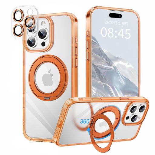【カメラ全面保護&極上の透明感】Defuri iPhone 16 Pro Max 用 ケース【360°回転スタンド・メタル質感・耐衝撃・黄変防止・ストラップホール付き】 MagSafe対応 縦置き・横置き可能 角度調整自由…