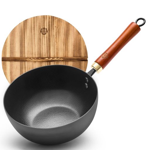 ミニ中華鍋深型炒め鍋深さ9cm窒化鉄パン22cm焦げつきにくい窒化加工表面凹凸コーティングなし中華鉄ヘラ天然木製蓋セットIH対応ガス火高温調理扱いやすい少ない油で揚げ物家庭用キャンプ
