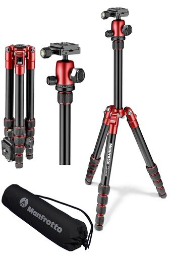 マンフロット(Manfrotto)Elementトラベル三脚スモールレッドアルミ5段MKELES5RD-BH耐荷重6kg最高143cm軽量1.15kgコンパクト32cmケース付ミラーレス一眼旅行ブイログ用