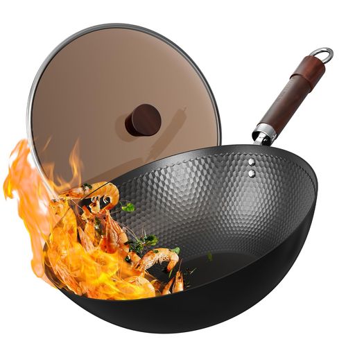 Woks - Armorbear鉄製中華鍋ガラス蓋付き30cm炭素鋼フラット底IH対応トリプル窒化処理で高い防錆効果