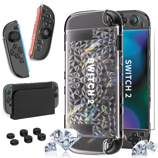 HEYSTOP Switch 2 カバー ドック対応 スイッチ 2 カバー+Switch 2ガラスフィルム1枚+親指キャップ6枚 TPU製ソフトケース ジョイコンカバー クリア ケース 透明 超薄 分体式 全面保護 分解簡単 指紋…