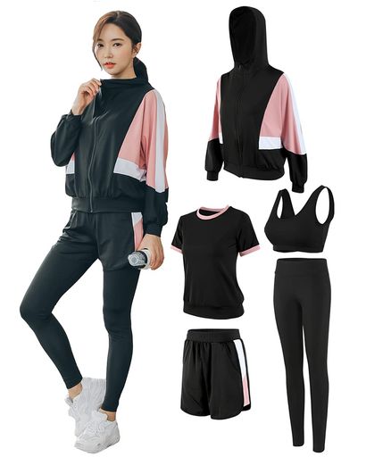 【5点セット】スポーツブラジャー&amp;Tシャツ&amp;スポーツパーカー&amp;ハーフパンツ&amp;タイツ 全て揃った上下5点セットのスポーツウエア!半袖と長袖、スポーツブラで数パターンの着こなしが可能で、様々なシーンを魅力的に演出します。自分の好みに合わせて様々な組み合わせることができる。春から冬までロングシーズンお使いいただける。 【適用場面】いろいろな運動に適当!ジョギング、ウォーキング、エクササイズ、フィットネス、筋力トレーニング、ランニング、ダンス、テニス、ジム、ヨガなど。アウトドア、街着やルームウェアとしても多様な用途に対応するセットアップ。 【抜群のフィット感】通気性に優れた素材で熱を逃がし、体をドライで快適に保ちます。ハードな運動でもム レやベタ付きがなく快適な着心地を維持します。生地の伸びが良いので、スパッツはくるぶしまでしっかり隠 れるくらいです。 【スポーツ専用素材】伸縮性に優れ、速乾性、吸湿性、快適な着心地でどんな動きにも最適なフィット感します!スポーツ後にも相変わらずクールで着心地良いです。変形しにくいです。
