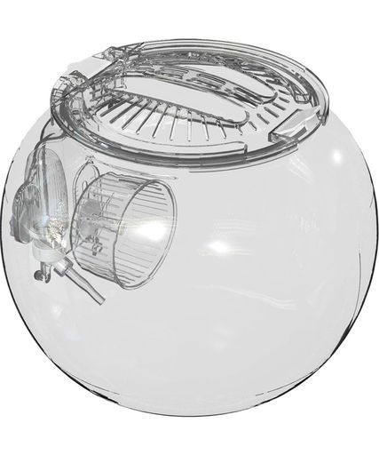 インドア ●球体のハムスター飼育空間。360°シームレスなクリア仕様。 ●本体と天面蓋、そしてハンガーパーツ(ハンガー・直径約12cmの回し車・容量70mlのドリンカー)のセット。 ●ドリンカーと回し車は床材の量やハムスターのサイズに合わせて高さ調節できる。 ●天面蓋はロックボタン付きで取り外せ、回し車とドリンカーをセットしたハンガーパーツもそのまま取り外せるので掃除などに便利。 ●継ぎ目や角、穴がないので、クリアにハムスターの様子がよく見え、インテリアにも観察にも便利。