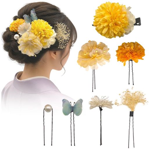 FASELE成人式振袖留袖和服髪飾り造花ヘアピンUピンピンポンマムカスミ草蝶パール和装小物髪留め和風和装浴衣袴着物人気卒業式結婚式七五三パーティー謝恩会お正月花火大会花ドライフ…