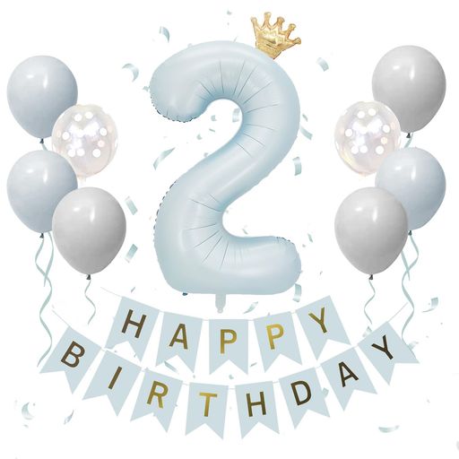 Rakuten - Iysoll2歳誕生日飾り付けbabyblue大きい数字風船40インチくすみカラー誕生日飾りセット二歳ナンバーバルーン王冠バースデーバルーン2ブルー