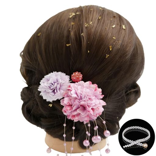 Rakuten - 成人式髪飾りドライフラワー帯締めパ一ル【5点セット】あじさいかすみ草造花飾り飾り紐ゴールド水引ヘッドパーツ振袖着物卒業式七五三浴衣袴結婚式用手作り専用ケース付き