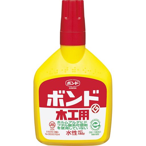 木 個装形態:ボトル 性状:酢酸ビニル樹脂系エマルジョン形 パッケージ重量:180g 特徴:速乾性、強力 用途:木の接着に幅広く使える