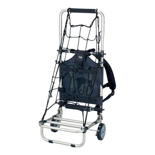サイズ:約38x44x96cm(荷台サイズ:約34x36cm) 自重:約3.2kg カラー:ブラック 素材:防水加工ナイロン、軽量アルミ合金フレーム 耐荷重:15kg 荷台の折畳みができ、使用しない時はコンパクトに収納。 転がしてもよし、背負っても使える便利なフレームパック 荒れた道も安心、大型キャスター 荷重を分散し、背中が蒸れづらい大型メッシュ背当てパッド 重い荷物も安心の厚肉ショルダーパッドクーラー等の積載もOK、フラット荷台ラゲッジネット付き