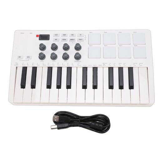 25鍵MIDIキーボードコントローラーBluetooth接続可能ポータブル設計8RGB背光ドラムパッド搭載高感度フォースセンシング対応音楽制作レコーディング用ホワイト