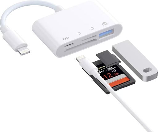 【最新 4-in-1 SDカードリーダー】4-in-1 iOS用 SDカードリーダーは1つのSDカードポート、1つのMicro SDカードポート、1つのUSB-Aポートをサポートしています、1つの充電用IOSコネクタメス。この製品を使用すると、写真やビデオをPhone / Padに簡単に転送できます。データの転送中に簡単に充電することもできます。電力不足の問題がありません。 【プラグ&amp;プレイ】PCや専用APP等面倒な設定が一切不要、SDカードをPhone カードリーダーに差し込むとPadやPhoneの写真/ファイルアプリケーションで確認できます。カードを挿入した後5秒程反応時間がかかります。ファイルが表示されていない場合はカードを再挿入してください。 【高速簡単に転送】高品質のチップを使用して、データ転送速度は14M/sから16M/sであり、ファイル転送は数秒で完了します。このOTGカメラアダプタは双方向の転送ができるなので、Phone/Padの容量を簡単に拡張したり、データを整理することができます。