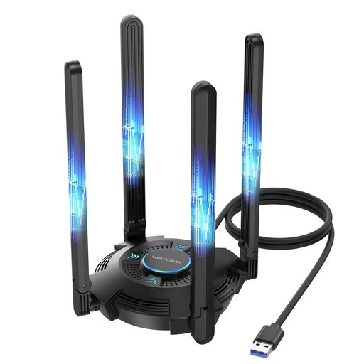 【最新Wi-Fi 6E対応・超高速AX5400規格】 最新規格Wi-Fi 6E(IEEE 802.11ax)に対応し、2.4GHz帯で最大573Mbps、5GHz帯および6GHz帯で最大2402Mbpsの超高速通信を実現。OFDMA・MU-MIMO・1024QAM技術により、複数デバイス接続時でも安定したデータ転送が可能です。 【トライバンド高速通信】 高性能Realtekチップセットにより6GHz帯を利用可能にし、2.4GHzで573Mbps、5GHzで2402Mbps、6GHzで2402Mbpsの速度をサポート。2.4GHzは長距離通信、5GHzはゲームや4Kストリーミング、6GHzはスムーズなオンラインゲームや没入感あるVRに最適です。 【USB3.0高速転送・柔軟な設置性】付属の1m USB3.0ケーブルにより設置場所を柔軟に選択可能。USB3.0はUSB2.0の約10倍のデータ転送速度を実現し、デバイスとアダプター間の通信を高速かつ効率的に行えます。 【広範囲なWiFiカバレッジ】5dBi高増益回転式アンテナを4本搭載し、信号強度とカバー範囲を大幅に向上。