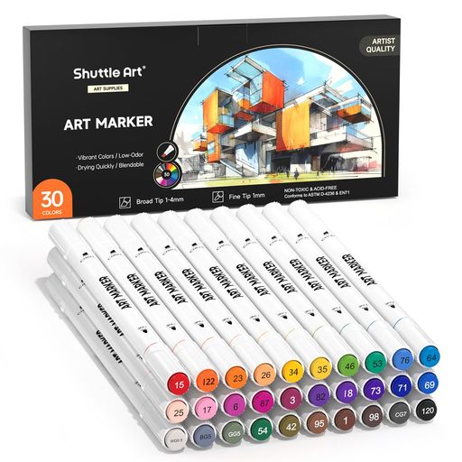 Rakuten - ShuttleArtイラストマーカー30色太細両端油性カラーペンアートマーカー細身細字速乾コミック用塗り絵マンガ用スケッチカード子供用初心者美術画材