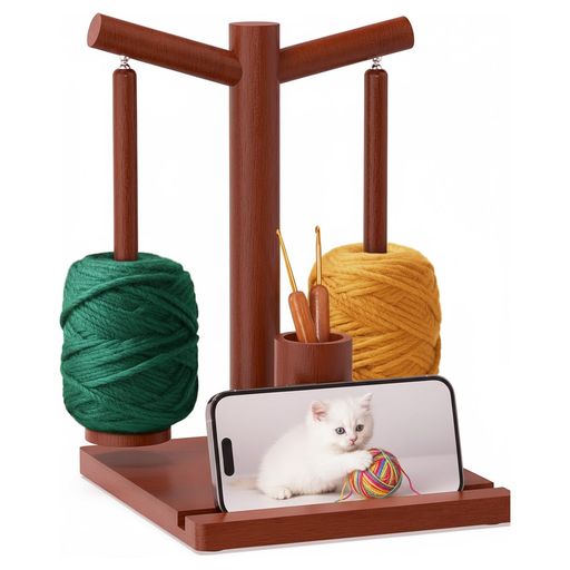 Acidea天然木製毛糸ホルダーヤーンホルダー糸巻き機ダブルヤーン対応毛糸収納自動回転糸絡み防止編み物好きのための上質な編み道具編み針収納&スマホスタンド付きティッシュ・ヘアゴ…