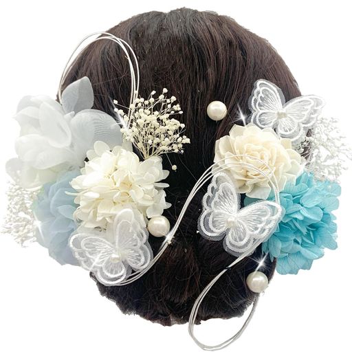「飾りセット」 ソーラーローズと紫陽花、蝶々飾り、カスミソウ、オ一ガンザ小花、水引とアンティークベリーを組み合わせました。 「多様性」 画像のポニーテール写真のように使用できるし、他のドライフラワーをセットに使用でき、様々な様式とスタイルを変化できます。 「使用シーン」 小花、水引、蝶々飾りとアンティークベリーなどのファション元素を利用し、どのシーンにも適用します。卒業式、成人式、結婚式、花火大会、夏祭りなどのイベントに。 「使用便利」Uピンの設計で、使いやすくなり、一人片手で付けることができます。 「お知らせ」 お花の本来特性を保持しているので、一つ一つ大きさや色味、風合いが異なる事情を考えて頂きたく存じます。また、モデルさんの頭は実在の人物の頭よりちょっと小さいので、購入前にサイズをご確認いただきようお願いします。