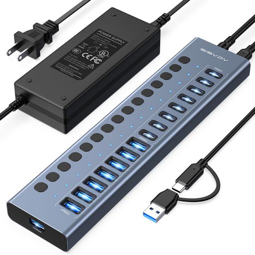 ACASIS セルフパワー対応 USB 3.2ハブ 16ポート(USB-A 3.2 x 8ポート + USB-C 3.2 x 8ポート)— 96W電源アダプター付属・アルミ製 — PC/ノートPC、USBメモリ、プリンター、カメラ対応