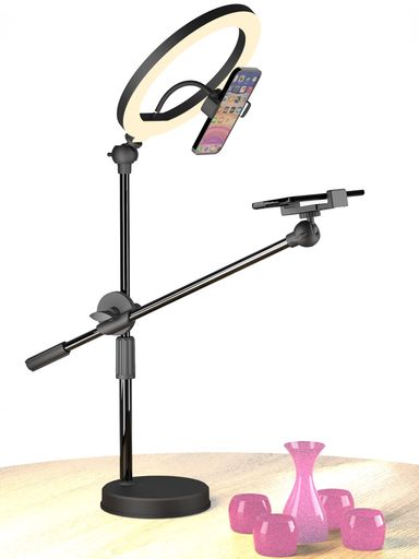 KATOLITE俯瞰撮影スマホスタンドLEDリングライト卓上伸縮タイプ自撮りyoutubeTiktok直播ライブネット授業ネット会議影なし撮影高度角度調整可明るさ明度調整可