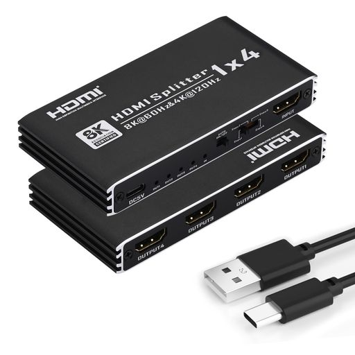 【8K HDMI 分配器 1入力4出力】1x4 HDMI 2.1スプリッターは、1つのHDMIソースを同時に4つのHDMIディスプレイに分配します。8K@60Hz、4K@120Hz、1080P@240Hzをサポートし、4つのHDMI出力はEDID設定により同じまたは異なる解像度を表示できます。HDTV 小売店の展示会場、HDTV、STB、DVD およびプロジェクター、工場、スペース、セキュリティ問題、データ センター制御、情報配信、会議室プレゼンテーション、学校および企業の訓練環境向けの解決策を提供します。(▲注意: 1 PC から拡張ディスプレイには使用できません。複製/ミラーリングのみ可能です。 2 非双方向で、4 入力 1 出力 をサポートしません。 3HDMI切替器ではありません。) 【8K@60Hz 高解像度】HDMI分配器1x4は、最高8K@60Hz VRR、4K@120Hz RGB 4:4:4、1080P@240Hz、HDR Dolby Vision、HDR 10+をサポートし、720/576i/576P、480Pなどのすべての低解像度と互換性があります。