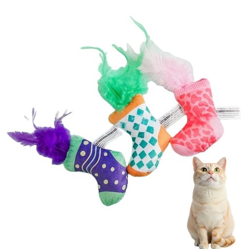 乐天商城 - INEKOAGUA猫おもちゃ【3個セット】靴下型カシャカシャ響く紙入り人工羽毛噛むおもちゃ室内運動不足解消ストレス解消猫おもちゃ一人遊び丈夫可愛い