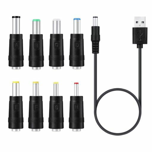 SZSLUSBDC充電コード5.5x2.1mm5V2Aケーブル1mビデオカメラ扇風機ソーラーパネルモバイルバッテリーなど用多用途コネクタアダプタ付き1本+8変換プラグ