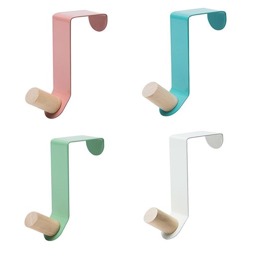 色:ピンク、ブルー、グリーン、ホワイト サイズ:12cm*4.5cm*3cm 内容:4色各1個。 穴あけやネジ締めが不要で、扉の上やキッチン収納の取っ手に嵌めるだけでしっかりと設置できます。場所を変えたい時にはサッと取り外しが出来るので、邪魔にならず広くお使いいただけるアイテムです。
