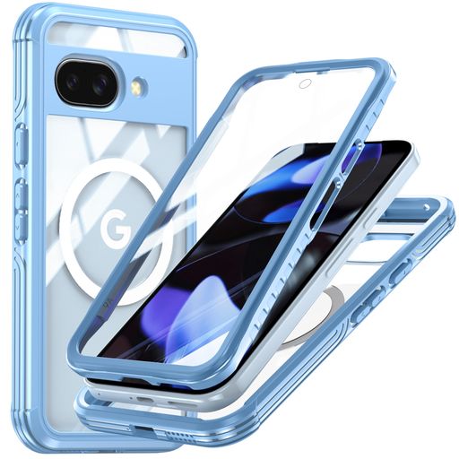 乐天商城 - GooglePixel9A用ケースMagSafe対応全面カバー両面ケースガラスフィルム付き360度全面保護ピクセル9A用カバー耐衝撃アウトドア薄ブルー
