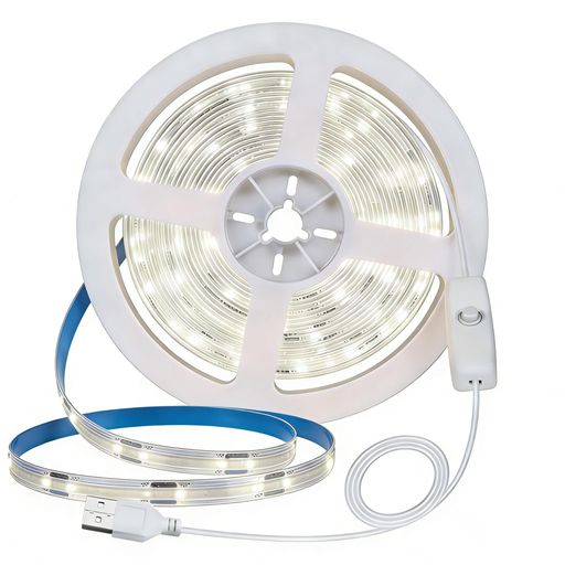 導光板並みの輝き!しなやか8mm極細&amp;ノンドット:従来のLEDテープによくある点々とした光(コブ感)がゼロ。COB技術を採用し、面で発光するため、まるで導光板のような滑らかで切れ目のない美しい光線を実現します。幅わずか8mmの超極細設計だから、設置場所を選ばず、鏡裏やテレビ背面、棚の隙間などにもスッキリと設置可能。光が当たる面もムラなく均一なので、高級感のある間接照明をお楽しみいただけます。 コンセントいらず!5V USB給電で場所を選ばない自由なレイアウト:モバイルバッテリー、パソコンのUSBポート、テレビのUSB端子など、あらゆるUSB電源で手軽に点灯できます。「近くに電源がないから諦める」といったストレスから解放されます。一般的な白熱電球と比較して、なんと約10分の1以下の消費電力を実現した、驚異の省エネ設計です。家計に優しいのも大きな魅力。おやすみ前のお供や、お子様のいるご家庭の常夜灯として、気兼ねなくご使用いただけます。 好きな長さにカット&amp;強力3M両面テープ付き:はさみで1カ所ずつ自由にカット可能(約2.5cm/1カット単位)。