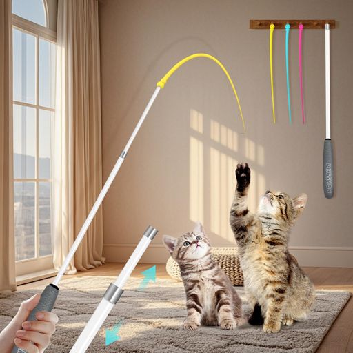 Cat - 猫じゃらし人気猫おもちゃネズミのしっぽ伸縮できる釣り竿超軽量頑丈安全シリコン猫のお好みじゃらし運動不足とストレス解消室内ゲーム用具ちゃペット用品操作が簡単替え尾付き3色…