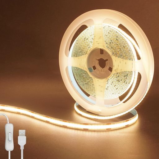 クリアヒル(Clearhill)5V COB LEDストリップライト スイッチ付き 2M 温白色 3000K 320LED/m 3.5W/m 幅8mm 非防水IP20 1M USB (オン/オフ) スイッチケーブル 22AWG DIY 家庭のインテリア用