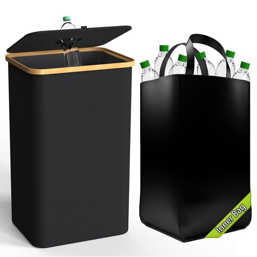 プラスチックボトル回収袋ごみ箱スタンド対応105LXXLサイズ300Dカチオン素材プラスチック・缶分別収納ブラック/ホワイト+内ポケット付き(黒105L)