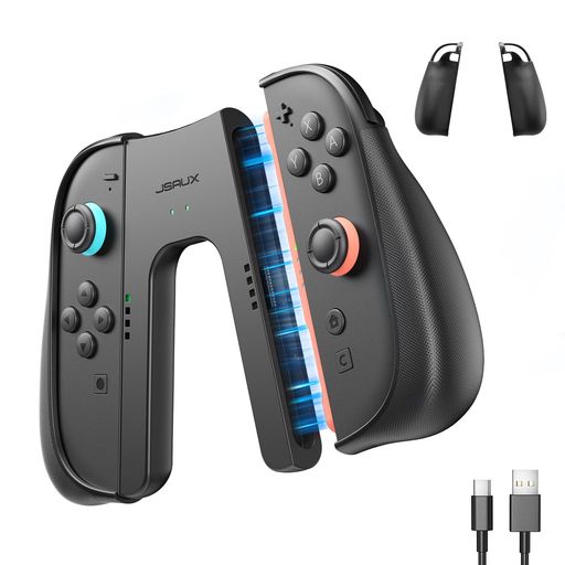 【プレイしながら充電可能】Switch 2 専用デザイン。ドックや本体に接続不要で、2台の JoyCon を同時充電。充電しながらゲームプレイが可能なので、長時間プレイでも電池切れを気にせずノンストップで楽しめます。使い勝手の良さが魅力です。※ご注意:充電グリップ本体にはバッテリーが内蔵されていないため、使用中は別途USB電源に接続してください。 【滑り止め加工で安定した操作感】人間工学に基づいたV字型グリップに特殊な滑り止めテクスチャーをプラス。手のひらに自然にフィットし、長時間のゲームプレイでも滑りにくく、疲れを軽減。レースやアクションゲームでも確かなホールド感で思い通りの操作をサポートします。 【磁着式設計でピタッと安定充電】強力な磁気吸引式コネクターを採用しており、JoyCon を軽く近づけるだけで自動的にピタリと装着。ずれにくく、安定した充電を実現。さらに、一般的な保護カバー付きのまま使用可能。わざわざ外す必要なしで操作がさらに効率化! 【コンパクト設計で収納・持ち運び楽々】軽量・小型設計のため、旅行や日常使用に最適です。
