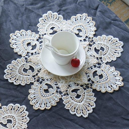 URROMAリネンラウンドドイリー30cm/11.81インチベージュテーブルカバーレーストリム付きコーヒーテーブ..