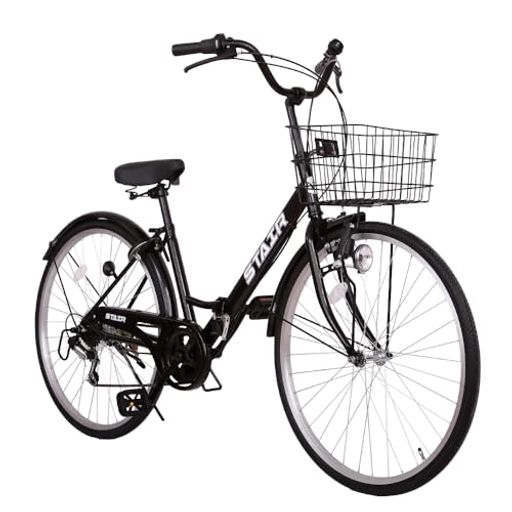 折りたたみシティサイクル折りたたみ自転車シマノ製6段変速26インチ前カゴ付き自転車ダイナモライト付..