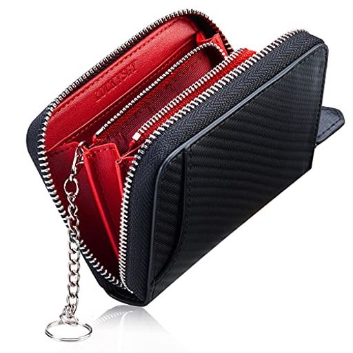 小銭入れメンズ本革コインケースミニ財布8カード入れキーリング付き小さい財布コンパクトカーボンレザー(カーボンブラックxレッド)