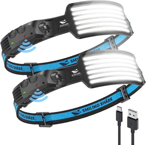 TD-0123SmilingShark充電式LEDヘッドライト【2023年最新款・PSE认证・白光2個セット】USB充電可能6倍高輝度アウトドアヘッドランプ230°広角照明集光超軽量IPX4防水防塵8時間連続使用可能
