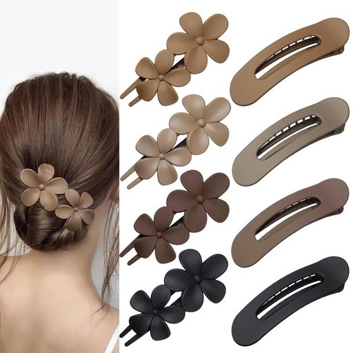 【製品仕様】セットには4つのヘアクリップ 花と4つの楕円ヘアピンが含まれており、お花 ヘアクリップのサイズは10.5*5.5 cm、楕円ヘアピンのサイズは10.5*3.5 cmである。ヘアピン おしゃれのサイズは異なり、多くの髪型に適しており、濃密な髪でも髪量の少ない髪でも適用できる。 【色が豊富だ】ヘアクリップ 大きめいにはブラック、ダークカレー、ライトカレー、チョコレートの4色が含まれており、色が豊富で落ち着いているので、毎日の着こなしや気分に合わせて色を自由に変えたり、2つの異色ヘアアクセを使って組み合わせを作ることができます。 【高品質マテリアル】かみどめ ヘアクリップは耐久性に優れたプラスチック製で、繰り返し使用しても壊れたり変形したりしにくく、頑丈です。しかもヘアクリップは軽量で持ち運びしやすく、外出先でも簡単に髪型を変えることができます。 【つや消しのマットな質感】ヘアクリップはつや消しで、マットな質感は髪によくなじむことができ、傷つきにくく、長い間使用することができ、異なる色は季節に関係なく、簡単にあなたの服に合わせることができ、デザインはまた、強力なスタイリング効果を持っています。