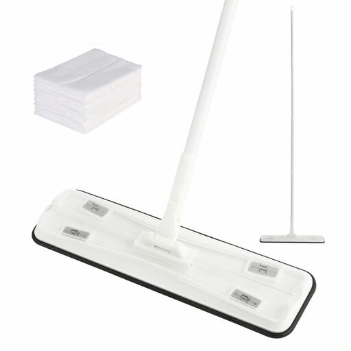 【フロアワイパー基本情報】:本体のサイズ:幅40x11x長120.0cm。フロアワイパーの重量:600g。カラー:ホワイト。【フロアワイパー詳細】:フロアワイパー本体1個、ドライシート8枚入。 【使いやすい雑巾ワイパー】:モップのヘッドは360度回転できるので、使いやすいです。シート部分は髪の毛、ホコリが取り込みやすい。注意:雑巾とシートを購入する際は、幅が40cmを超えるものを選ぶ必要があります。そうでないと、モップヘッドが長すぎて、布地がモップ全体を完全に覆いきれない場合があります。 【長さ40cm-120cm調整可能】:掃除の場所によって組み立てられるパイプの本数を変え、柄の長さを調整することができます。 【シート·雑巾対応簡単】乾湿両用モップ:簡単にぞうきんが取り付けられる。取り付けるシートは各社共通、ウエットシート、ドライシート、雑巾ワイパーどちらも対応できます。(幅が40cmを超えるものを選ぶ必要があります、クイックルーワイパーのクロスを使うと約半分程度の幅しかないので交換用クロスは2枚必要となります。