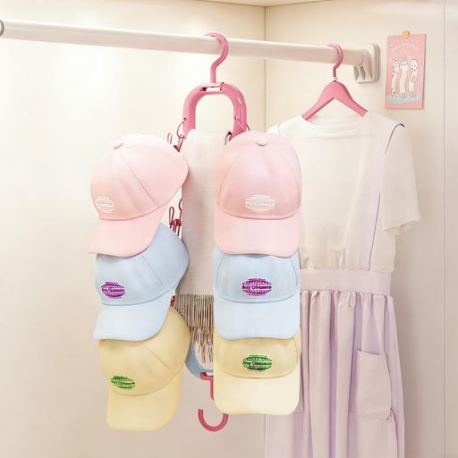 Storage Box - 1ze1ziyoクローゼットハンガー吊り下げジョイントハンガーチェーンまとめて収納キャップハンガー帽子収納帽子スタンドスペース節約ローズレッド+ブルー4連タイプ