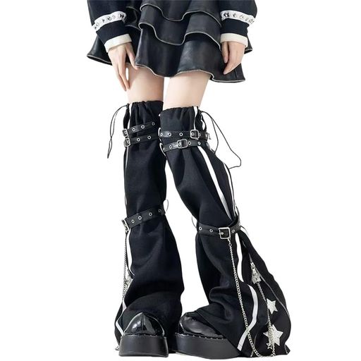 [SDSXZWG] 地雷系 レッグウォーマー レディース レッグカバー サブカル系 パンク風 星柄 チェーン付き 量産型 ルーズソックス ロング ワイド 痩せて見え 足首ウォーマー ギャル ロリータ y2k …