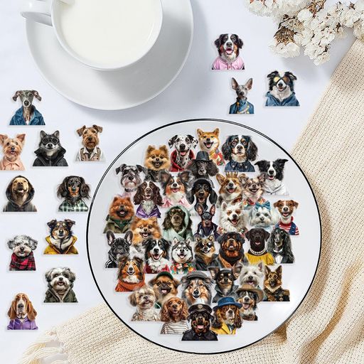 犬用ステッカー50枚、スクラップブック、DIYクラフト、アルバム、ジャーナル、プランナー、ウォーターボトル、携帯電話ケース、ノートパソコン用の防水PET透明ステッカー(犬)