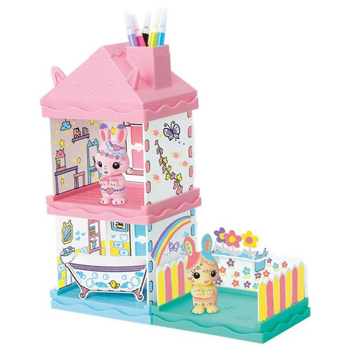 (c) TOMY (c) 2021 PlayMonster LLC. All rights reserved. 電池は使用しません。 素材:ポリ塩化ビニル 生産国:中国 付属品:うさぎ(ピンク)(1),うさぎ(イエロー)(1),細ペン(ピンク、イエロー、ブルー、パープル、ブラック)(各1),屋根(1),キッズルーム(1),バスルーム(1),ガーデン(1),バスタブ(1),プランター(1),お花(3)