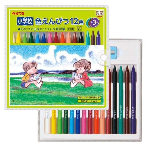 【特長】基本の12色に小学校6年間の授業で使いやすい3色をサービスした、芯だけでできたソフトな色鉛筆。 【カラー】12色+3色 【サイズ/重さ】185x183x20mm/200g 消しゴム、削り器、名前シール付き 材質/色軸:顔料、体質顔料、ワックス、樹脂 削り器:PS、鉄 消しゴム:エラストマー