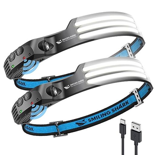 Smiling Shark 充電式 LED ヘッドライト,  USB充電可能 3 倍高輝度アウトドアヘッドランプ 230°広角照明 集光 超軽量 IPX4 防水防塵 8時間連続使用可能 キャン…