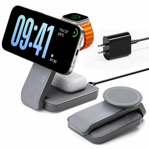 【3台同時充電&amp;スマートデザイン】3in1ワイヤレス充電スタンド Magsafe充電器:iPhone対応、Apple Watch対応、AirPods対応を同時に充電対応可能。スマホ充電の優秀な相棒。絡まりやすいコードや煩わしいケーブルの整理から解放され、すっきりとした空間を実現。デジタル生活をスマートに充電。常夜灯機能付きで、暗所でも便利。持ち運びに優れたコンパクト設計で、出張や旅行に最適なマルチ充電ソリューション。 【MagSafe 強力磁着&amp;15W急速充電】内蔵強磁性磁石が1秒で正確に位置合わせ。iPhone 12〜17シリーズが縦/横置き充電可能。高強度磁気吸引力は純正MagSafeケースにも対応。最大15W高出力,スマートチップが充電を自動制御。満充電後は自動停止し、過充電防止とバッテリー長寿命化を実現。防火認証材を使用し、24時間の安全利用を確保。縦横両用マグネット設計で、寝室での充電がより快適で便利に。❗❗ご注意: 通常の携帯電話ケースは磁気吸引力に影響を及ぼし、充電が遅くなったり中断したりする可能性があります。充電中は携帯ケースを外すか、磁気ケースを着用してください。