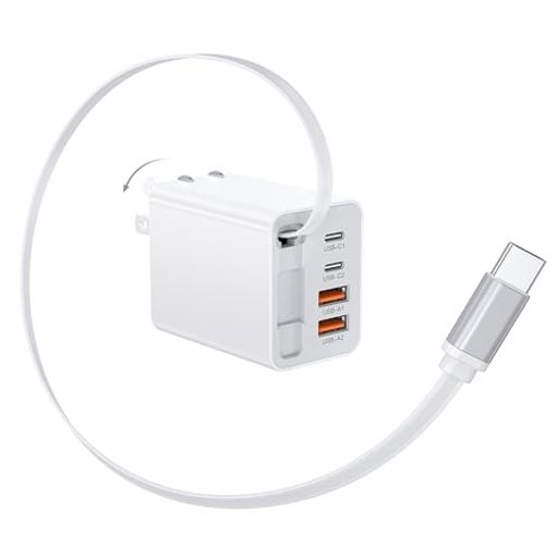 5-in-1自動巻き取り式USBコンセントType-C急速充電器伸縮式折りたたみ式プラグACアダプター【5ポート同時充電可能PD20W旅行/出張/収納】iPadAndroidその他各種機器対応(Type-Cケーブル内蔵)