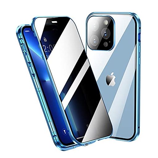 Rakuten - KMXDDロック付き覗き見防止iPhone14Plus用ケースフルカバーカメラ保護全面カバーアルミバンパーマグネット式iPhone14プラス用ガラスケース両面360度全面保護(薄ブルー)