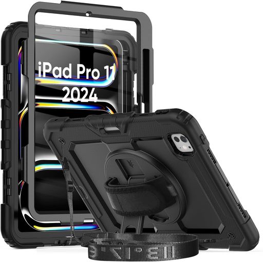 Herize iPad Pro 11 ケース 2024 M4 フィルム付き保護シール内蔵 360度回転の折り畳スタンド 肩紐 ハンドストラップ付き ペン収納 頑丈 丈夫 ゴツイ 耐衝撃多機能 アイパッド プロ インチ 11(5世代)
