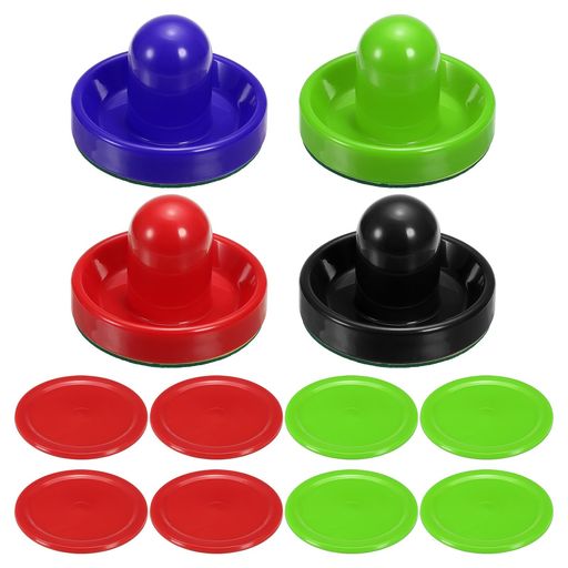 プッシャー直径:9.6cm/3.78"。パック直径:6.5cm/2.56"。パッド直径:9.4cm/3.7"。パッケージリスト:プッシャー4個(ダークブルー、黒、レッド、ライト緑)、パック8個(レッド4個、ライト緑4個)、パッド4個 利点:エアホッケープッシャーとエアホッケーパックはA BS製で、硬くて丈夫で、高い衝撃耐性と軽量性があり、持ちやすく、長時間使用できます。フェルトの底は厚さがあり、滑りやすさを確保しながら、デスクの表面を保護し、テーブルゲームの体験を向上させます。 用途:この製品は家族や友人の集まり、レジャー、家庭、屋外活動、室内ゲームなどに適しています。 取扱説明:パッドの粘着面の保護紙を剥がし、パッドをプッシャーの底に貼り付けてください。 注意:購入前にカラーとセットの組み合わせをご確認ください。