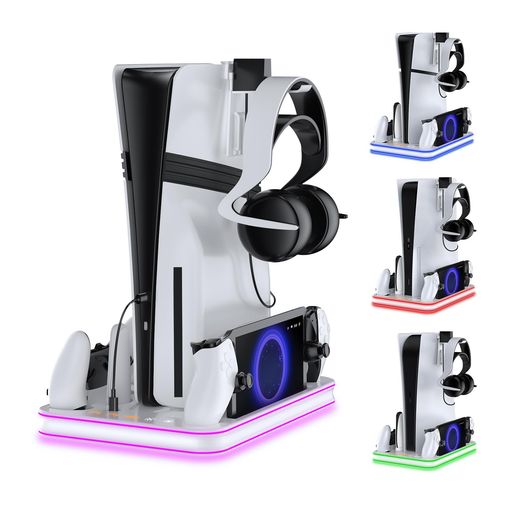 PS5/PS5Slim/PS5Pro用スタンドと冷却ステーション、RGBLEDコントローラー充電ドックアクセサリー、PlayStation5コントローラーとPSポータルコンソールヘッドセットとリモート